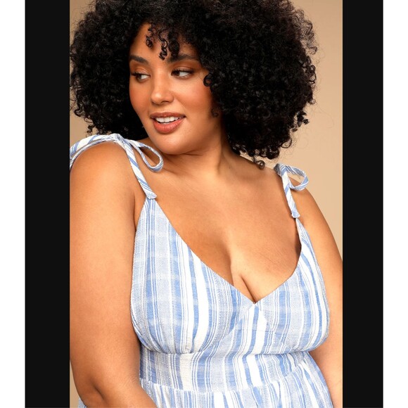 Lulus Shore of Yourself Blue Striped Tie Strap Tiered Mini Dress 2X Cotton NWT - Picture 6 of 12